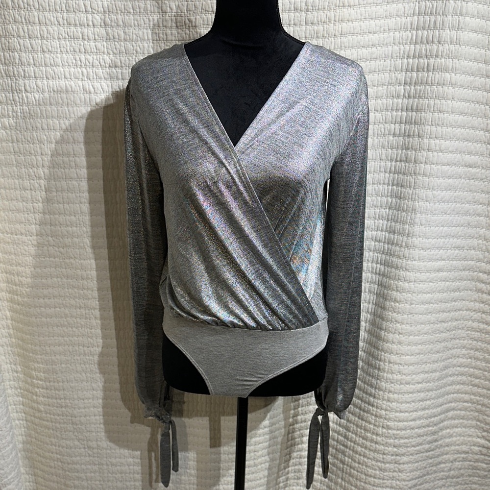 Lulu's Metallic Silver Gleam In Your Eye Tie-Cuff Bodysuit